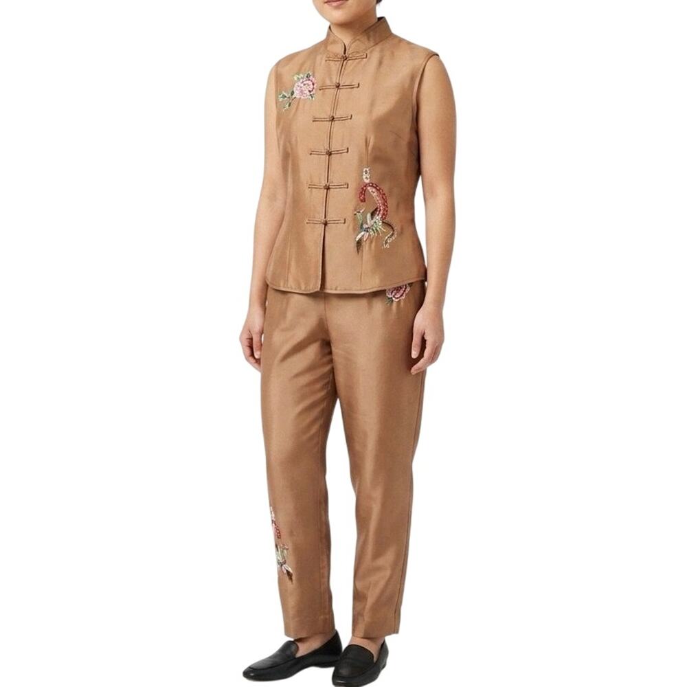 Silkland Petite 12 Brown Silk Peacock Embroidered Vest Pants Set Frog Button